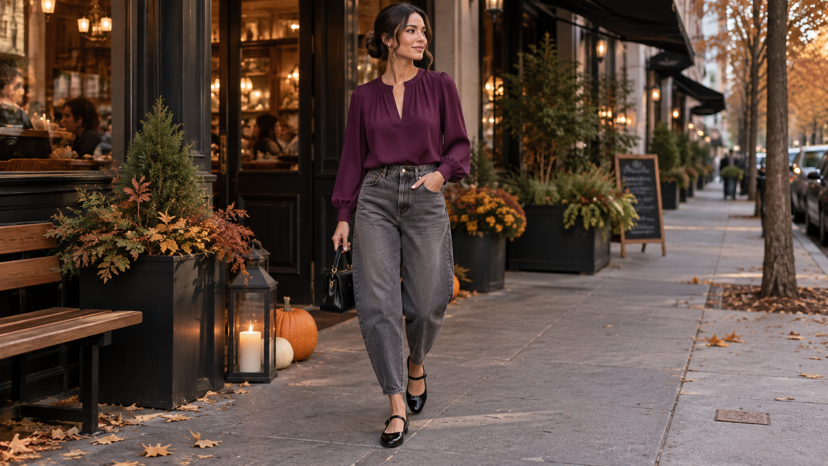 Plum Purple Blouse with Gray Barrel Jeans and Black Mary Jane Flats